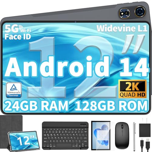JJGJ Tablet 12 Zoll Android 14 Tablet, 24GB(8+16) RAM+128 Storage(Expand to 1TB), Android Tablet mit Tastatur, Octa-Core 5.0(Silber)