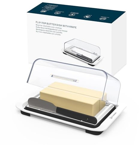 KITCHENDAO Airtight Flip-Top Butter Dish with Lid and Knife Spreader for Countertop and Refrigerator, Butter Keeper, Plastic Butter Holder Tray for 2 Sticks East Coast/ West Coast/ Kerrygold Butter