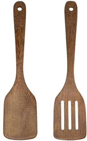 Lot de 2 spatules en bois fendues - Ustensiles de cuisine en bois avec long manche - Passe au lave-vaisselle - Pour la cuisine