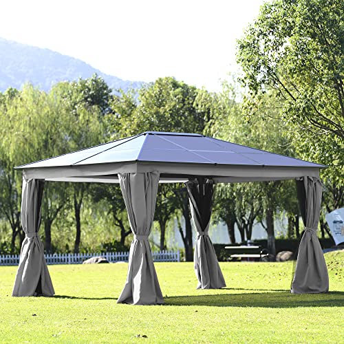 Aluminium-Pavillon für den Außenbereich mit Hardtop-Baldachin, Sichtschutzvorhänge, Doppeloberseite, Gartenpavillons mit Netz für Terrasse, Rasen, Partys, verbesserter 4 x 3 Stil