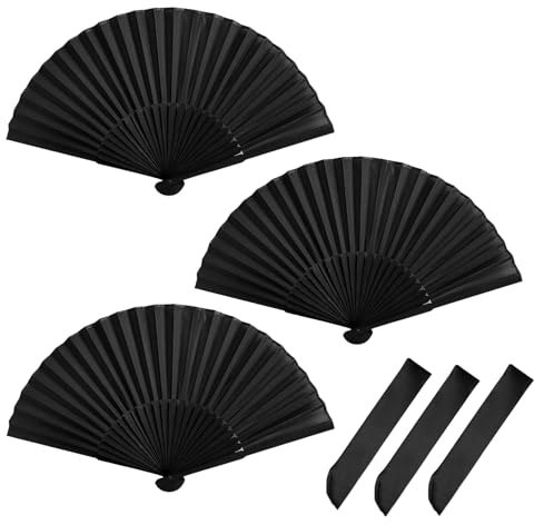 3 Stück Fächer Schwarz Handfächer Fecher Hochzeit Faltbare Handfächer aus Stoff Faltbarer Hand Fan Handfächer Faltbare Fächer Schwarz Spitze Dekorative Fans für Party Tanzende Hochzeits