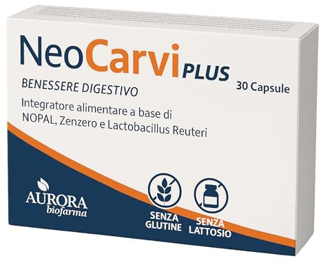 Aurora Biofarma Neocarvi Plus - Integratore Alimentare per la Normale Funzione Digestiva e Azione Antinausea - A Base di Nopal, Zenzero e Lactobacillus Reuteri - 30 Capsule