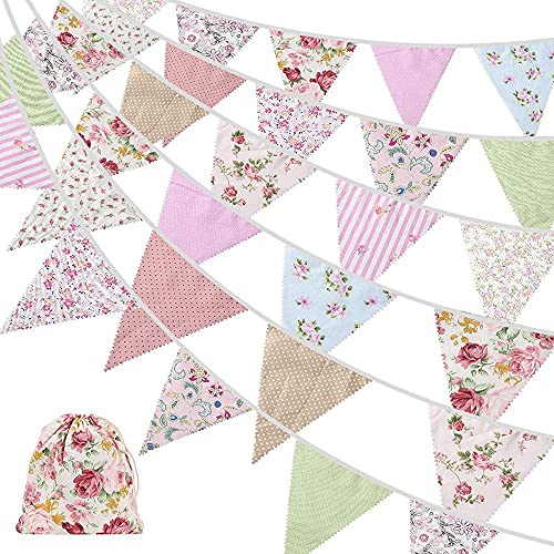 Mocturnity 40Ft Fabric Bunting, 42 pcs Bannière d'extérieur, Floral Vintage Coton Triangulaire Drapeau pour Jardin Anniversaire Fête