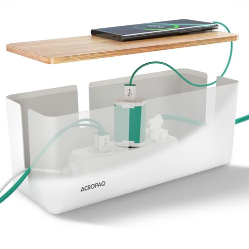 ACROPAQ Kabelbox - Kabelmanagement Box für Kabel verstecken, Steckdosen verstecken, mit Bambusdeckel, (30 x 12 x 11 cm), rutschfest, Kabelbox Weiß - Kabel Organizer Box, Steckdosenbox, Kabelkiste