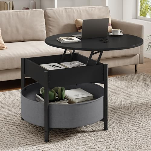 Couchtisch Rund mit Hebeplatte, Couchtisch Höhenverstellbar, Beistelltisch, Wohnzimmertisch mit Korb aus Stoff, Versteckter Stauraum, Metallrahmen, für Wohnzimmer, Büro, 70 x 70 x 50 cm, Schwarz