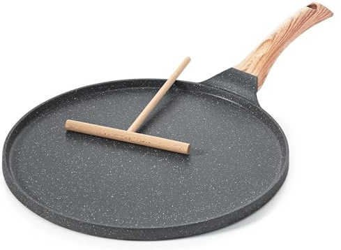 ATEK Crepe Pan, Non-Stick Coating Pancake Pan with Wooden Spreader & Stay-Cool Handle, Durable Granite Dosa Tawa for Stove, Induction Base, Dishwasher Safe (30cm)