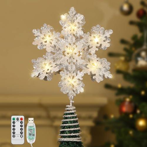 Lewondr Étoile Sapin de Noël, Topper Sapin de Noël Contrôlé par USB avec Perles Lumineuses LED, Pointe Étoile avec Flocons Neige 3D, Décoration pour la Maison, Argent