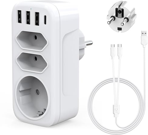 Giantdeer 4000 W - Adattatore per presa 7 in 1, prese multiple con USB C, 3 USB + 1 tipo C, 1 presa Schuko e 2 prese Euro, multipli da parete adattatore prese, compatibile con MP3, casa, viaggi
