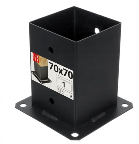 LUN FIX Pfostenträger 70x70 mm, Bodenhülse Schwarz, Pfostenverbinder | Aufschraubhülse Zum Aufschrauben, Pfostenschuh Und Pfostenanker Für Holzpfosten, Mit Ankerplatte Aus Verzinktem Stahl, 2 mm