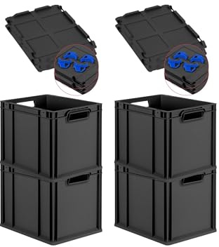 PROREGAL SuperSparSet 4x Eurobox NextGen Grip mit Scharnierdeckel & blauen Schiebeschnappverschlüssen, HxBxT 32x30x40cm, 30L, Schwarz, Griffe offen, Eurobehälter, Transportbox, Transportbehälter