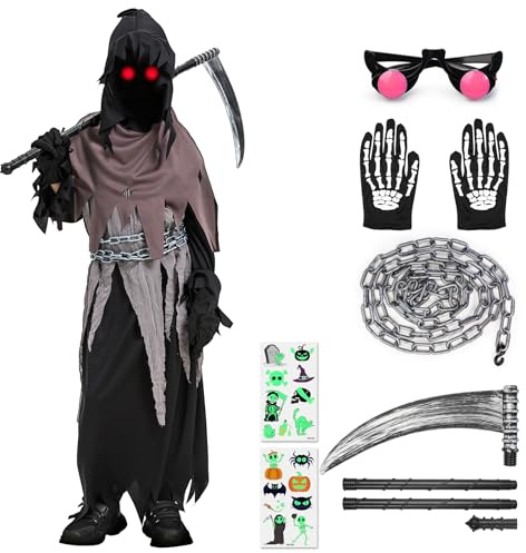 Lozzzyo Costume Halloween Bambino, Set Completo Vestito Halloween Bambino Mietitore con Falce, Catena, Guanti, Occhiali Luminosi e Tatuaggi Fluorescenti, Costumi Morte Halloween Bambini