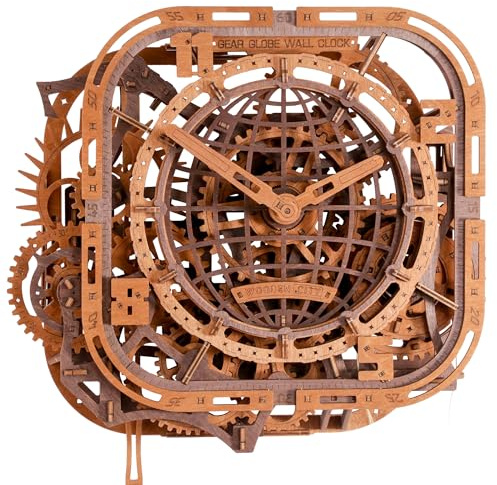 WOODEN.CITY 3D Wooden Puzzle – Gear Globe Wall Clock | Wooden Clock Puzzle Model Building Kit for Adults | 369 Pieces | Mechanical 3D Puzzle Clock | No Glue Required | Made in EU
