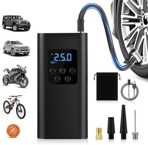 Inflador Ruedas Coche Compresor de aire portátil alimentado por batería 45 l/min para coches, bicicletas y motocicletas, bomba eléctrica para bicicletas con luz LED, 6000 mAh, 4 modos para neumático