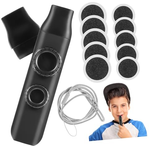 Schwarzes Kazoo mit Doppelloch und Ersatzmembran, Tragbar | Erwachsene und Kinder, Leicht Spielbar, mit Trageband und Runden Ersatzmembranen, Abs Tritan Silikon