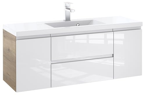 Furni Bad Unterschrank 120 cm – Waschbeckenunterschrank Vormontiert, Weiß Hochglanz Lackiert mit Griffmulde/Fräsung