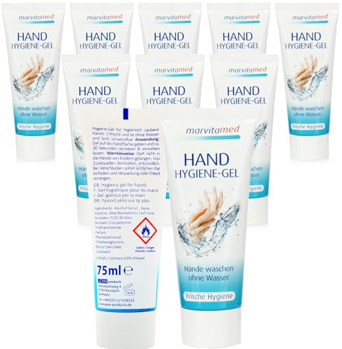 10x Hygiene Handgel - Gel für mobile Handreinigung ohne Wasser für unterwegs - 75 ml je Tube (10 er Pack)