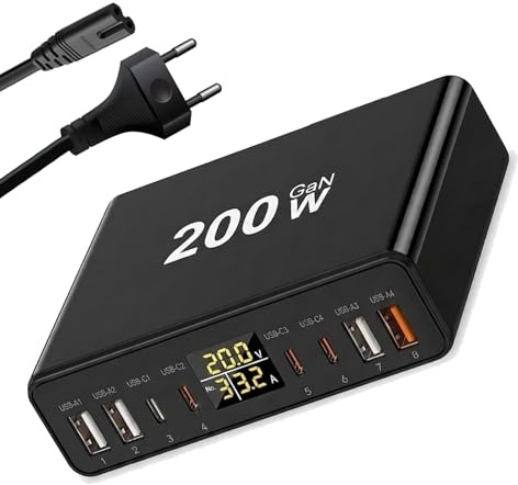 8-Port USB C Charger Station, 200W GaN Multiport Fast Charging Hub with Digital Power Display, PD QC3.0 PPS Wall Charger Block Real-Time Power Monitor for Phone Tablet MacBook Samsung