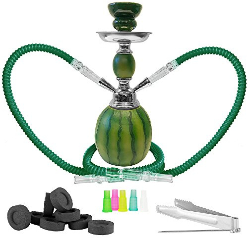 Mianova Orientalische 2er Shisha Wasserpfeife für Partner Höhe 30cm Melone Set mit 2 Schläuche 5 Mundstücke Zange Kohle 1 Rolle