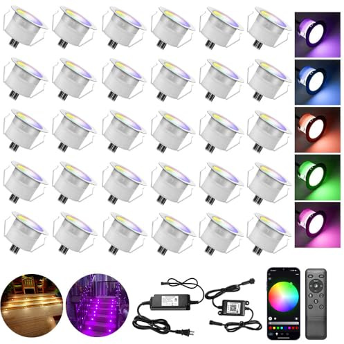 Low Voltage LED Deck Lights, 30 Pack 1.22 Smart WiFi RGBW 3000K Recessed Step & Stair Lighting Kit, IP67 Waterproof Outdoor for Deck, Walkway & Landscape, Compatible with Alexa & Google Assistant