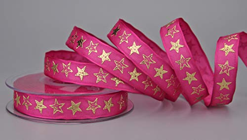 finemark Dekoband (1,08€/m) Bright Stars PINK Gold 20 m x 16 mm (Rolle) Stoffband mit Draht Sternen Motiv Weihnachten Advent Premium