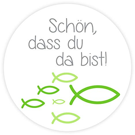 Aufkleber 'Schön, dass du da bist!' Fische grün für Kommunion, Konfirmation & Taufe - 24 Stück 4 cm Ichthys