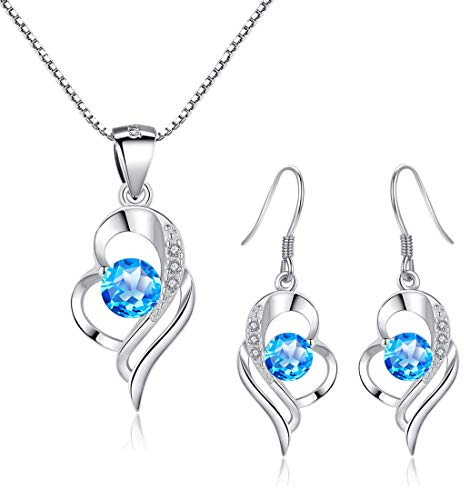 Kamise Schmuck Set Silber, 925 Sterling Silber Kette & Hängend Ohrringe | Herz, Zirkonia, Hypoallergen, Schlafen, Geburtstag Valentinstag, für Frauen Freundin, Schmuck, Geschenk, Romantic, 45cm