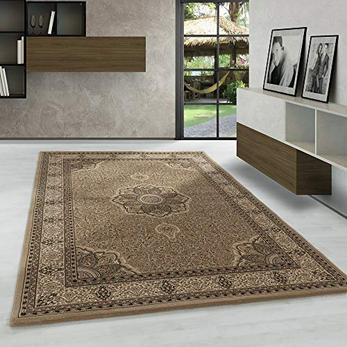 Carpetsale24 Orientteppich Beige 200x290 cm – Kurzflor Teppich im klassischen Vintage Look für Wohnzimmer, Esszimmer, großer Raum – Pflegeleicht, strapazierfähig, eleganter Wohnstil