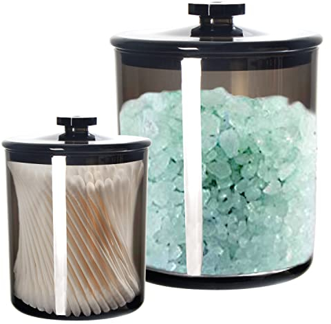 Youngever 2er Set Schwarz 1800ML und 450ML Wattepadbehälter mit Deckel, Mehrweg Apothekergläser aus Durchsichtigem, Wattepad Spender und Wattestäbchen Behälter, Qtip-Halter