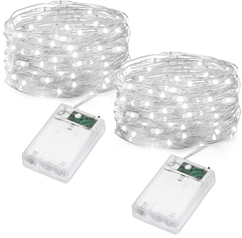 Flaspar Stringa Luci Led Batteria, 5 metri 50 Led Rame filo luci natalizie a batteria con filo d'argento, luci stringa impermeabili per camera da letto, cortile, confezione da 2, Bianco Freddo