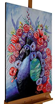 KunstLoft Metallbild 3D | 100% HANDGEFERTIGT | 90x60x5cm | Wandbild Metall Deko 'The Peacock Majesty' | Pfau | Rot | Metall Wanddeko Wohnzimmer