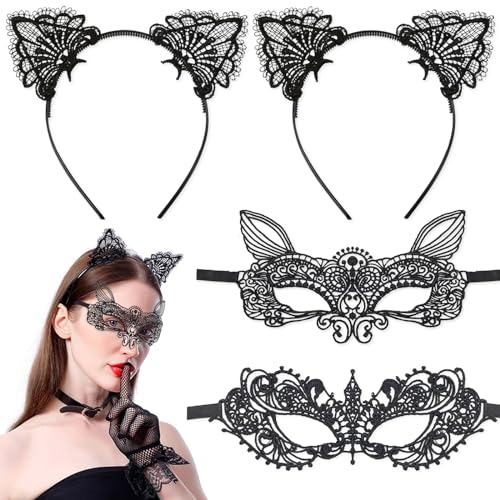 4 Stück Maskerade Maske Schwarz, Spitze Katzenohren Stirnband, Venezianischen Damen Spitze Augenmaske, für Halloween Fasching, Karneval Masquerade, Cosplay, Abendkleid Tanz, Maskerade Venezianische