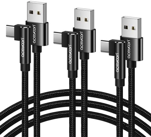 aceyoon Cavo USB Type-C 90 Gradi [1M 3Pezzi], Angolo Retto Cavo USB C Ricarica Rapida e Trasferimento Dati Cavo Tipo C Nylon Intrecciato per Galaxy S23 S22 S21, per Xiaomi Note 9/8, Mi 10/11