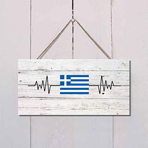 Herzschlag Griechenland-Flagge, Holzschild, Nationalfeiertag, hängendes Holzschild, Wandkunst, Dekoration, Holzschild, Bauernhaus, Eingangsschild, Familienschild, Spielzimmer, 15,2 x 30,5 cm,