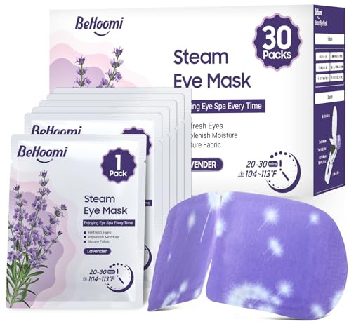BeHoomi Eye Mask, 30Packs Steam Eye Mask for Sleeping, Lavender Sleep Mask Disposable Eye Masks for Dark Circles and Puffiness, Self Heating Warm Eye Compress for Dry Eyes, Relief Stress, Eye Fatigue