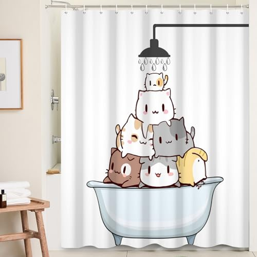 Ttincceer 180x200cm Rideau de Douche Chat Mignon Chat de Dessin animé dans la Baignoire Rideaux de Bain imperméable drôle Animal Fournitures de décoration de Baignoire Lavable