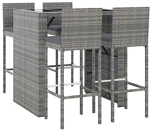 vidaXL Gartenbar Set 5-TLG., Gartenmöbel Bartisch 4 Barstühle, Stehtisch Barhocker für Garten Terrasse, Sitzgruppe Gartenset mit Kissen, Grau Poly Rattan