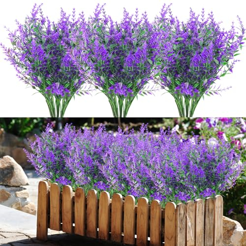 BINYI Künstliche Pflanzen Blumen UV Beständig Kunstblumen Im Topf Wie Echt 10 Bündel Fake Flowers Sträucher Deko Kunstblume Künstliche Balkonpflanzen Lavendel für Haus Tisch Garten Dekoration (Lila)