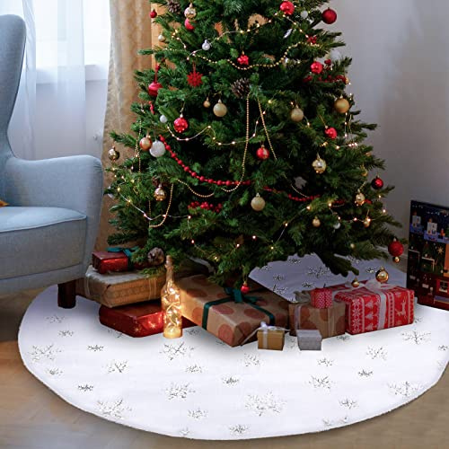 Hukermoon Weihnachtsbaumdecke Rund, 120 CM Weihnachtsbaumrock mit Silber Schneeflocken, Baumdecke Weihnachtsbaum Rock Weiß Plüsch Kunstfell, Christbaumdecke Bunt, Christbaumständer Decke (120, Silber)
