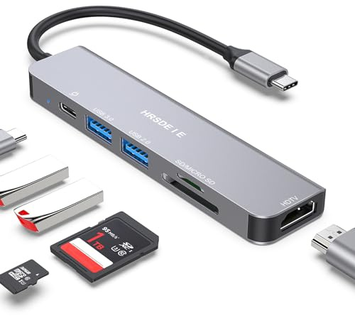 Hub USB C, adaptador multipuerto USB C 6 en 1 con carga PD de 100 W, HDMI 4K, puerto de datos rápido USB 3.0, lector de tarjetas SD/TF, base tipo C para MacBook Pro/Air, Surface Pro, Chromebook, Dell