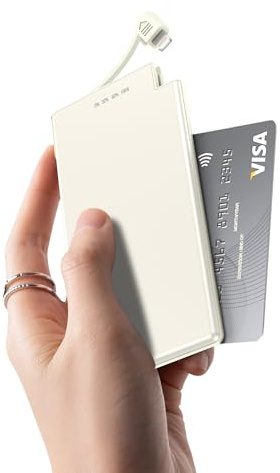 Auskang Powerbank 5000mAh Sottilissimo, batteria esterna Cavo per iPhone 14 e modelli precedenti, Non per 15/16 (USB-C), powerbank viaggio- Bianca