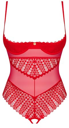 Selente Love & Fun, Förförisk damunderklädesset bestående av body/öppen och ögonbandage av satin, tillverkad i EU, Röd spets-ouvert, XL-XXL