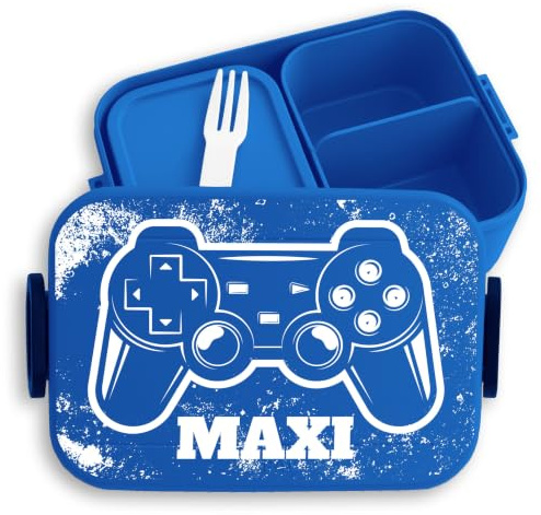 Kinder Bento Box Midi für Mepal Bentobox - Lunchbox Gaming mit Namen Brotbox Zocker Vesperdose cool Jungs I Controller I Gamer I Mädchen - 900 ml - Blau - kita brotdose junge geschenke nerds game