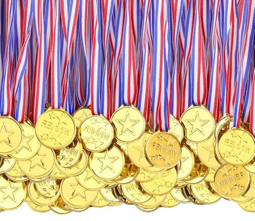 XPJBKC Medals for Children, 100 PCS Plastic Medals, Gold Medals for Kids with Ribbon, Medals for Adults, Football Winner Award Medals, Sports Day Medals for Sports Competition
