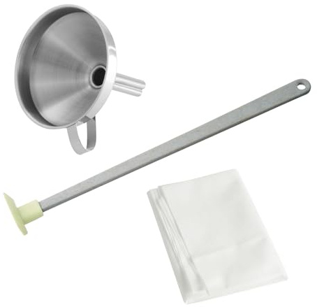 Fackelmann 9942250 Marmeladenset, Marmeladentrichter, Marmeladensieb, Topfbodenschaber, Edelstahl, Vliesstoff, Kunststoff und Silikon, 10 x 11 cm, 23 cm, 75 x 75 cm