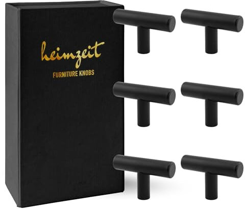 heimzeit Schrankknöpfe für Türen, Schubladen und Kommoden aus hochwertigem Edelstahl [6 Stück, T-förmig] Farbe: Schwarz, Stilvolles Design, Möbelknöpfe mit Einlochgriff und Schrauben