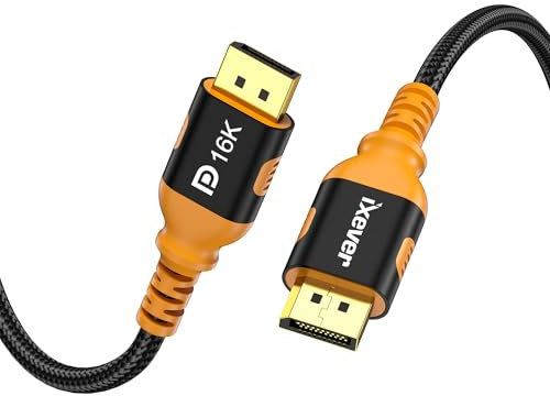 IXEVER Câble DisplayPort 2.1 16K @ 60 Hz, 8K @ 120 Hz, 4K @ 240 Hz 165 Hz 144 Hz, prend en charge 80 Gbit/s HDR, HDCP DSC 1.2a, HDR10, Display Port 2.1 2.0 Câble FreeSync G-Sync pour moniteur de jeu