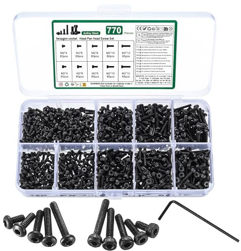 770 Pcs M2 Bolts Set, Hex Socket Head Cap Screws & Socket Button Cap, Small Hex Bolts Set, Pan Head Screws Bolts, 12.9 Grade/10.9 Grade Carbon Steel, 2 Wrench, Black
