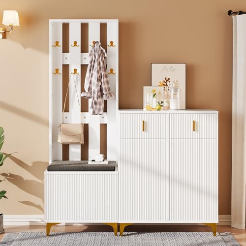 sogesfurniture Garderobe Set 2-teilig, Flur Garderobe mit 8 Kleiderhaken, Schuhbank mit Kissen, großer Schuhschrank mit 2 Schubladen und Türen, ideal für Flur und Eingangsbereich