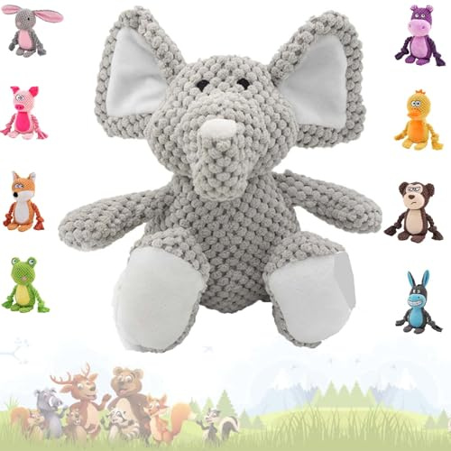 Plüsch Hundespielzeug mit Knitterpapier - Quietschendes Kauspielzeug und Intelligenzspielzeug für Kleine Hunde - Plüschtier mit Quietschelement (Grauer Elefant)