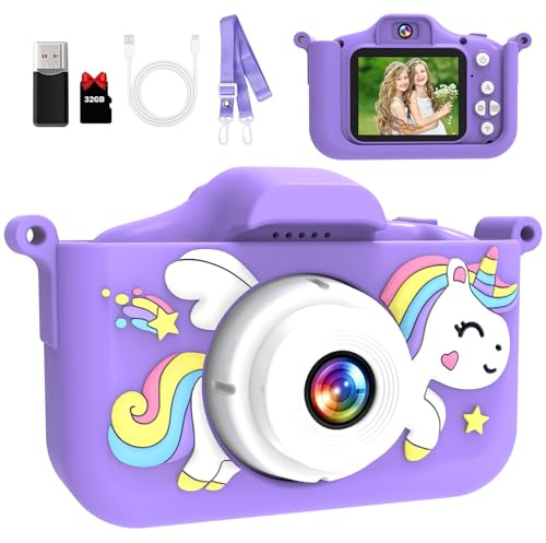 MYSTILUCK Kinderkamera, 1080P Selfie Digitalkamera für Mädchen Videokamera | mit 2,0-Zoll-Bildschirm 32GB-Karte, Kinder Kamera für 3-12 Jahre Jungen Mädchen Geburtstagsgeschenk Weihnachten Spielzeug